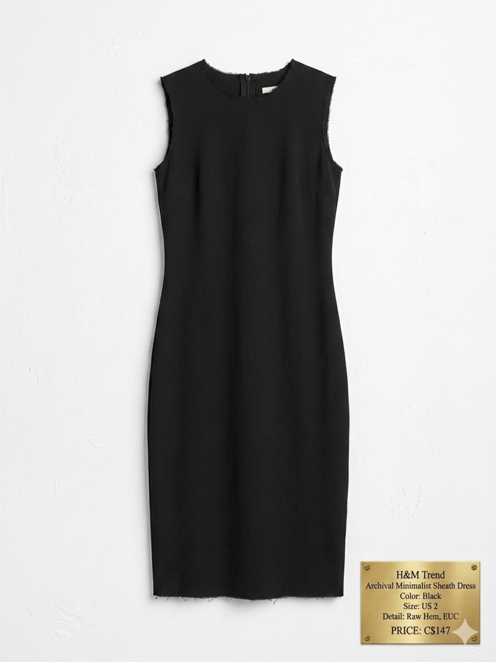 H&M TREND Archival Minimalist Sheath Dress Black US 2 Raw Hem EUC